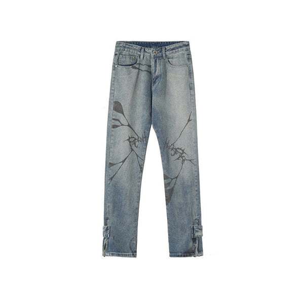BUTTON ZIPPER CUFF GRAPHIC PRINT JEANS