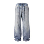 WASHED WIDE LEG DIAMOND PRINT STACKED JEANS
