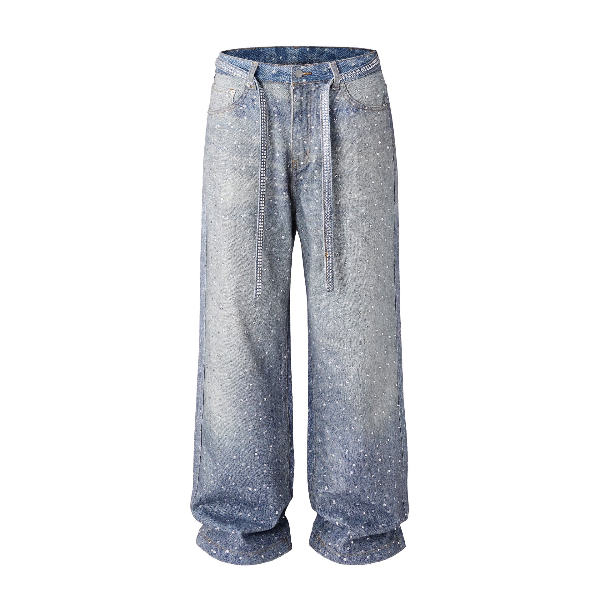 WASHED WIDE LEG DIAMOND PRINT STACKED JEANS