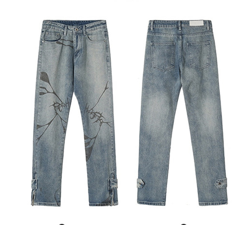 BUTTON ZIPPER CUFF GRAPHIC PRINT JEANS