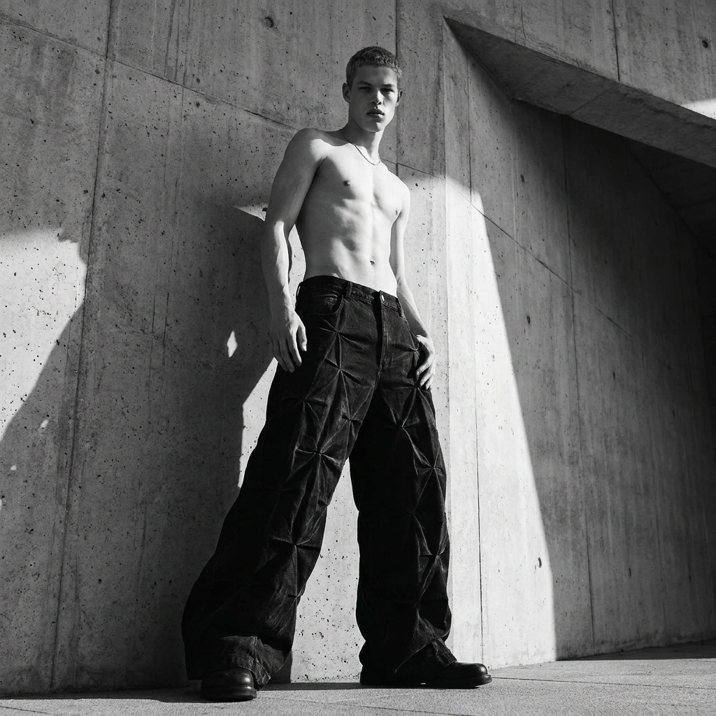 Men's Wide Leg Jeans with Ruched Detail