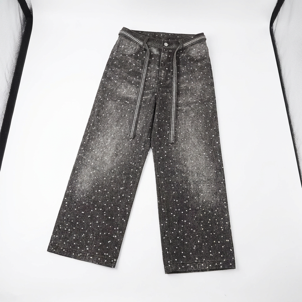 WASHED WIDE LEG DIAMOND PRINT STACKED JEANS