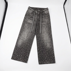 WASHED WIDE LEG DIAMOND PRINT STACKED JEANS