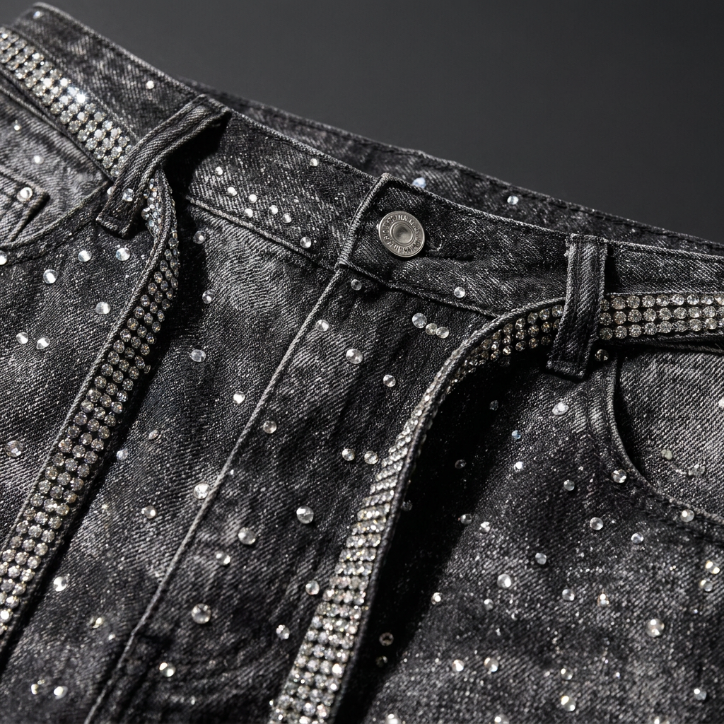 WASHED WIDE LEG DIAMOND PRINT STACKED JEANS