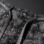 WASHED WIDE LEG DIAMOND PRINT STACKED JEANS