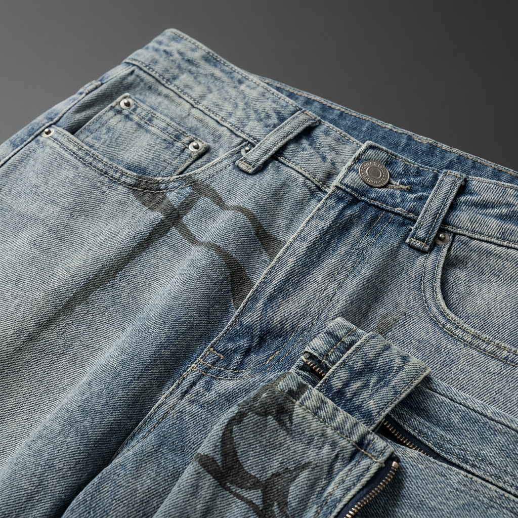 BUTTON ZIPPER CUFF GRAPHIC PRINT JEANS