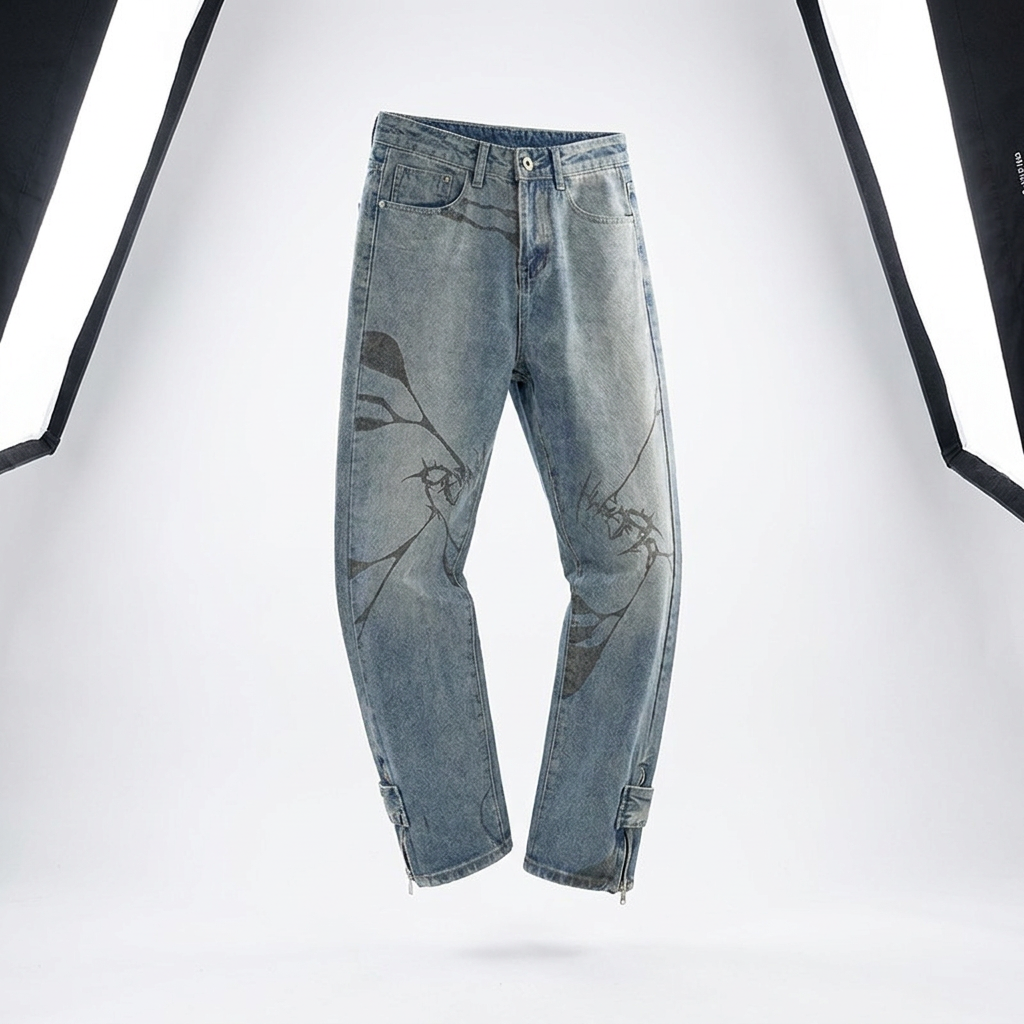 BUTTON ZIPPER CUFF GRAPHIC PRINT JEANS