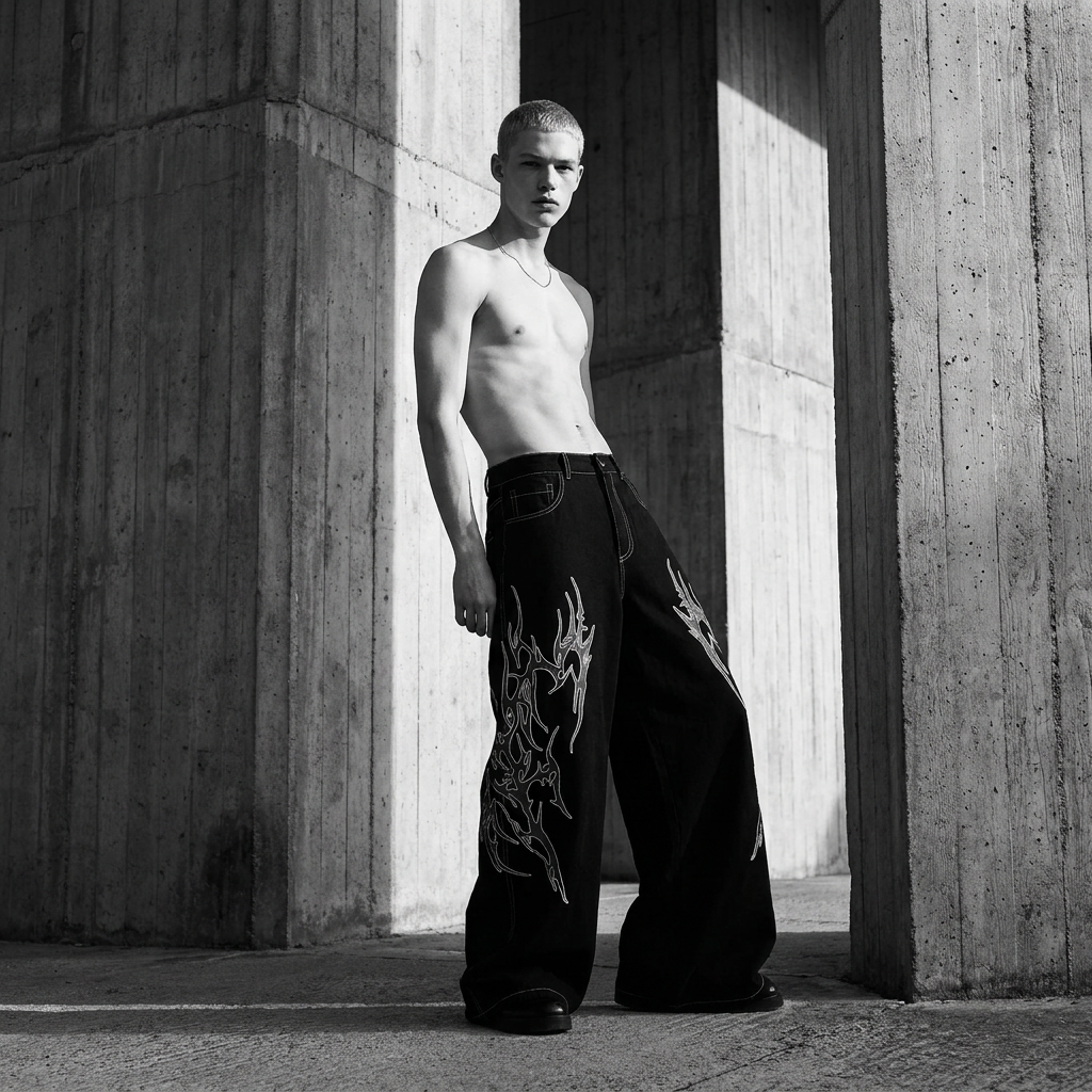 Men's Embroidered Wide Leg Baggy Jeans