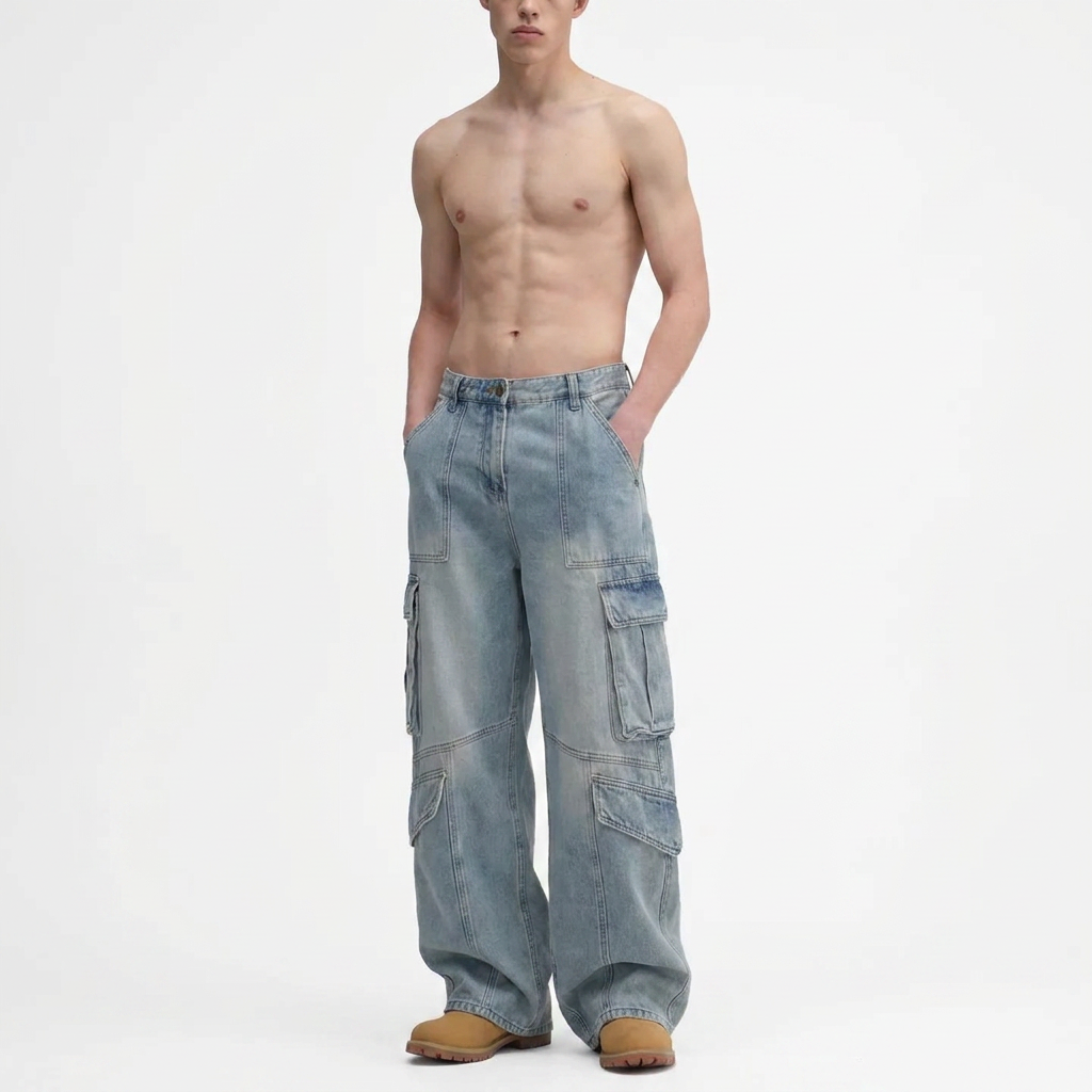 LIGHT WASH HEAVY CARGO POCKET JEANS
