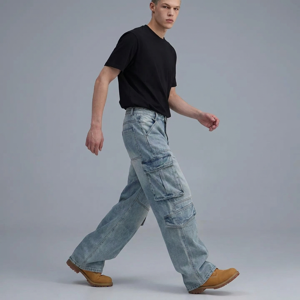 LIGHT WASH HEAVY CARGO POCKET JEANS