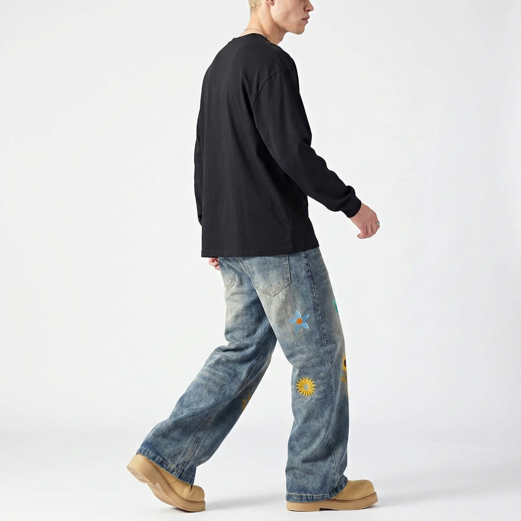 Men's Plus Size Floral Wide Leg Jeans