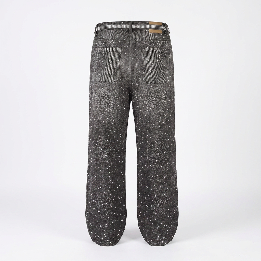 WASHED WIDE LEG DIAMOND PRINT STACKED JEANS