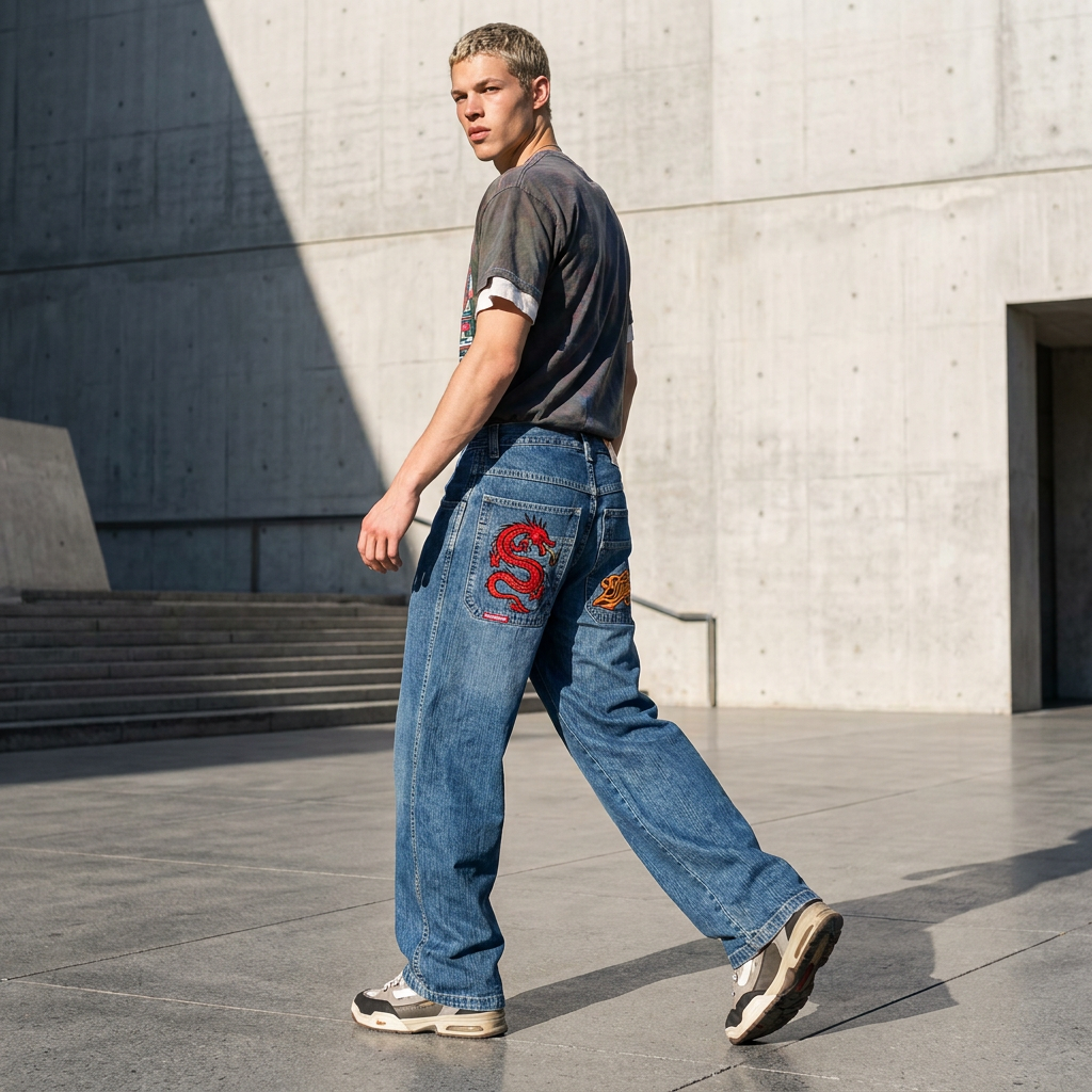 GRAPHIC PRINT BAGGY STREET WIDE LEG JEANS