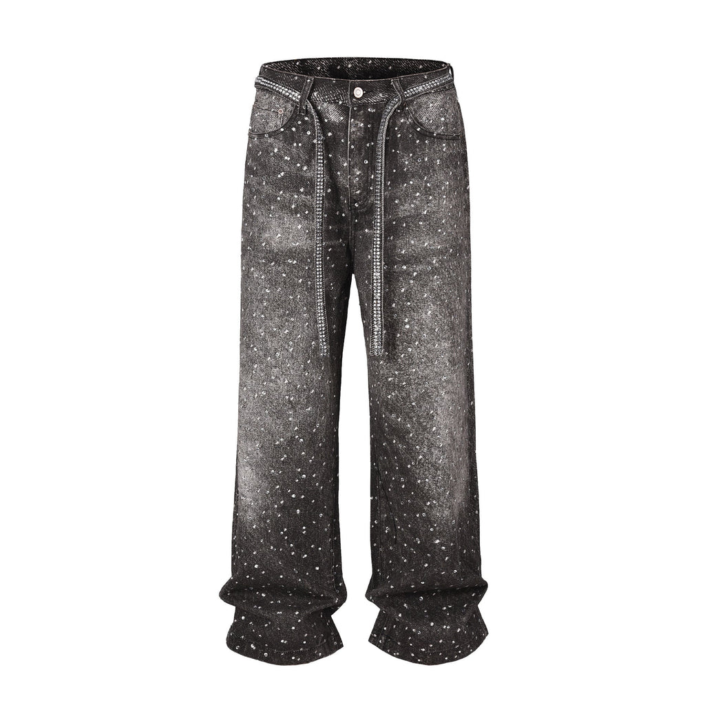WASHED WIDE LEG DIAMOND PRINT STACKED JEANS
