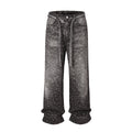 WASHED WIDE LEG DIAMOND PRINT STACKED JEANS