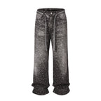 WASHED WIDE LEG DIAMOND PRINT STACKED JEANS