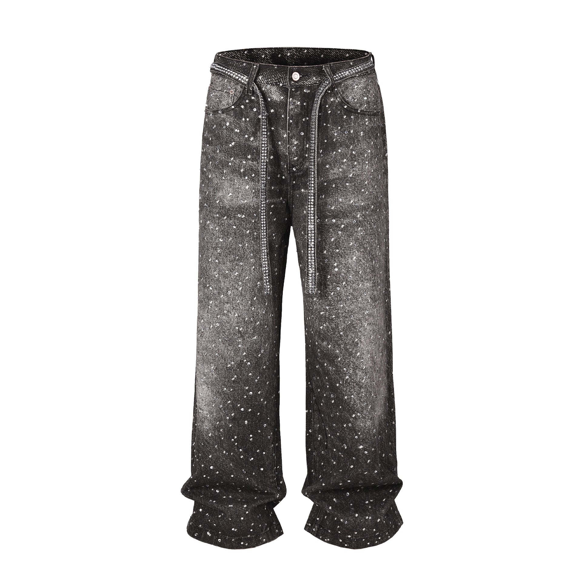 WASHED WIDE LEG DIAMOND PRINT STACKED JEANS