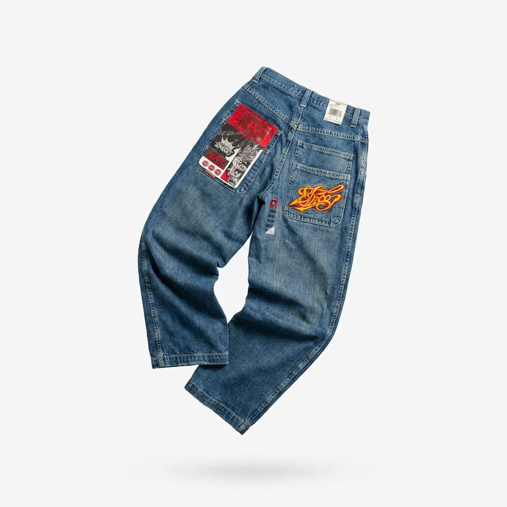 GRAPHIC PRINT BAGGY STREET WIDE LEG JEANS